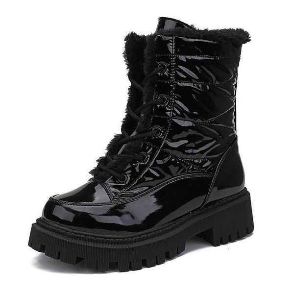 

boots winter snow women short pile round toe beef tendon flat heel middle tube warm high-undefined outdoor comfortable, Black