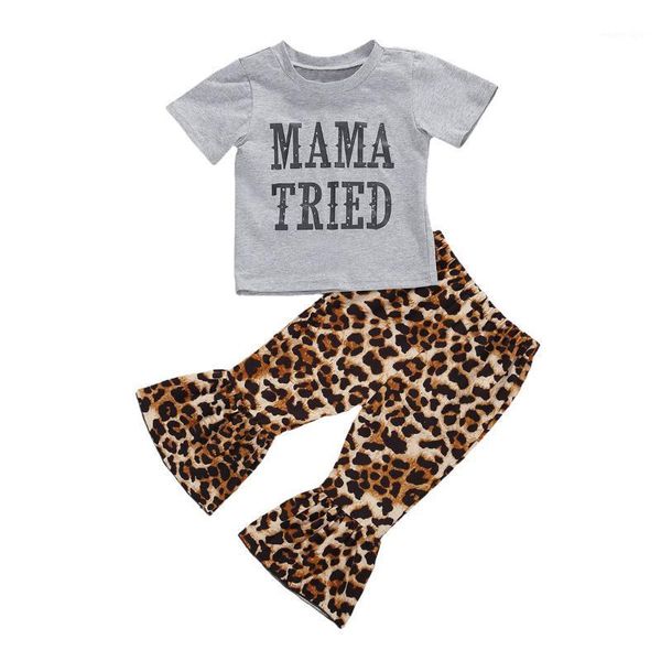 

clothing sets 0-3y toddler baby girls summer clothes grey short sleeve letter t shirts leopard flare pants outfit set1, White