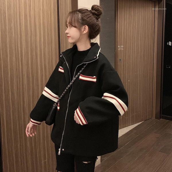 

women's wool & blends womens clothing woolen coat 2021 autumn winter korean fashion loose thicken stand-up collar all-match woolens jac, Black