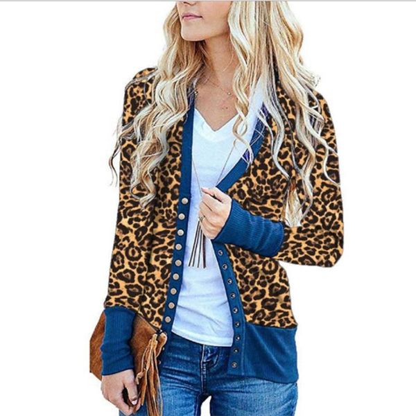 

women leopard print long sleeve cardigan v-neck button down knitted sweater coat, Black;brown