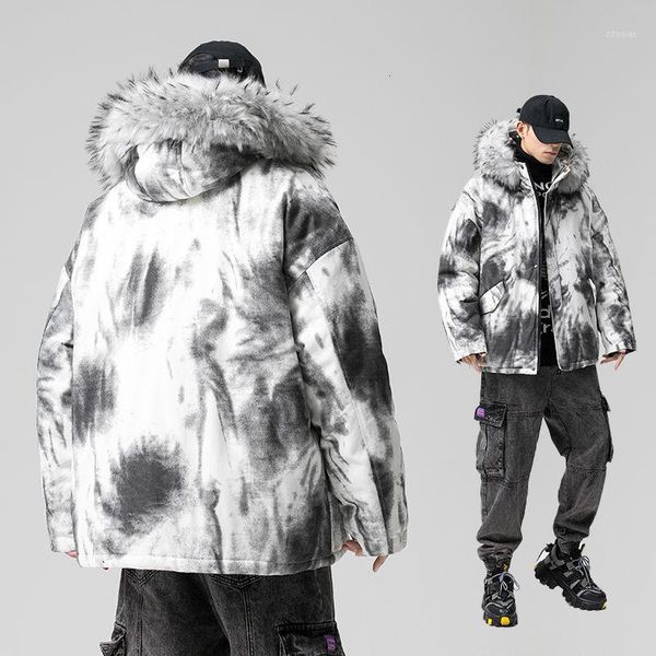 

men's down & parkas winter plus cotton thick jacket men's warm fashion fur collar hooded coat men parka loose tie-dye short mens c, Black