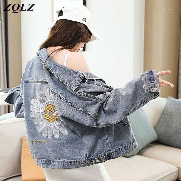 

zqlz autumn jacket women 2020 embroidery flower vintage black jean overcoat mujer casual loose spring short jeans coat female1, Black;brown