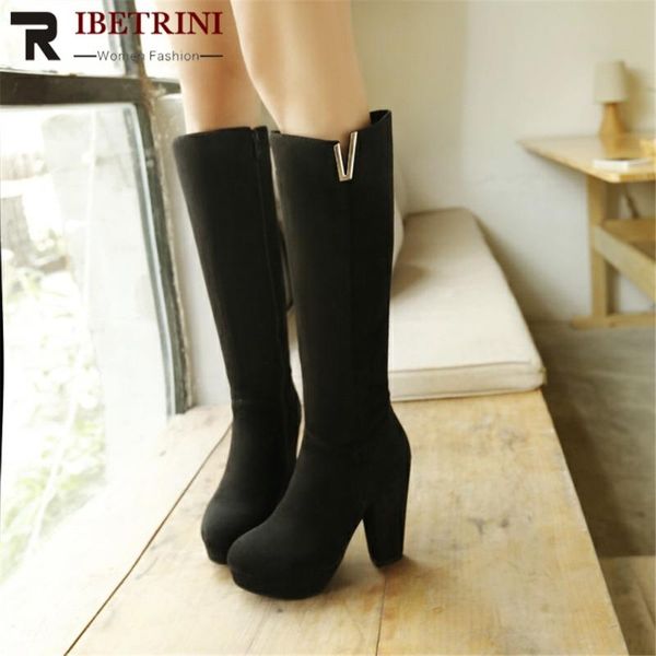

ribetrini brand new big size 43 high heels platform classic knee high boots office lady stylish winter shoes boots women, Black