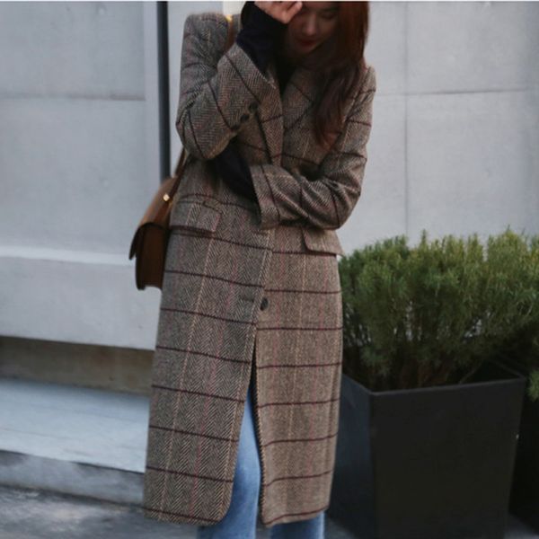 

autumn winter women plaid new fashion long woolen coat slim type spring jackets female plus size outwearx1020, Black