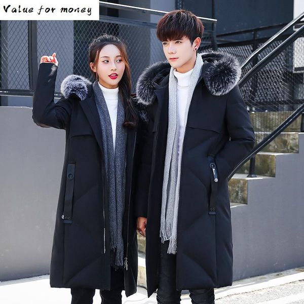 

wear couple's medium length down jacket large hairband zipper winter casual black counter youth solid color men's coat