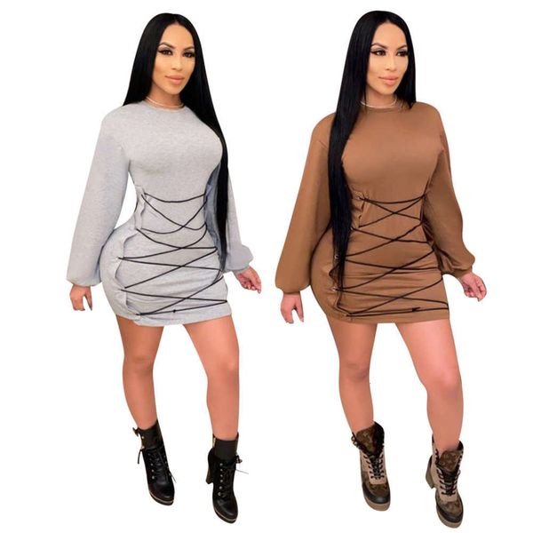 

solid 702 women's autumn and winter color round neck mid long skirt casual bandage drs, Black;gray