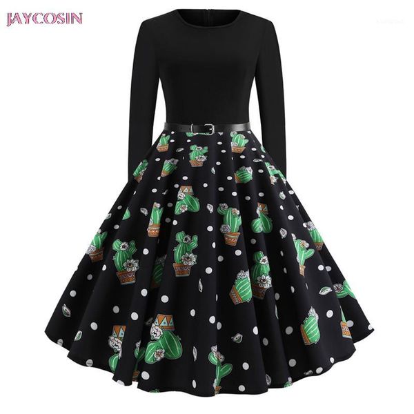 

jaycosin 2019 dress s- l2 size women vintage long sleeve o neck evening dot printing party prom swing dress lover gift drop #dz11, Black;gray