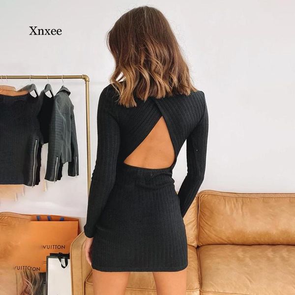 

missnight knitted sweater dress backless hollow out dresses for women mini bodycon dress long sleeve turtleneck streetwear, Black;gray