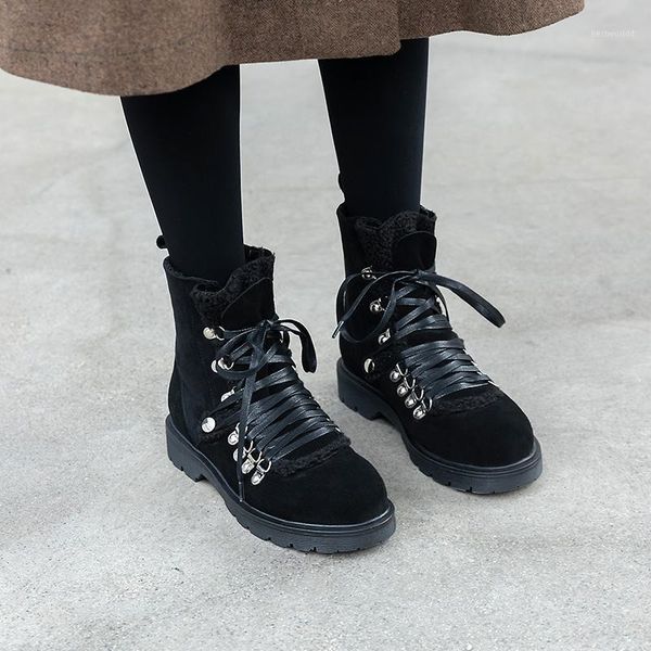 

boots may niamh 2021 winter woman snow fashion black cow suede keep warm round toe low heels handmade lace up shoes a0771