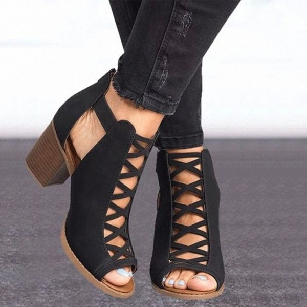 

new women square heel sandals peep toe hollow out chunky gladiator sandals with strap black spring summer shoes zapatos de mujer #4q4i