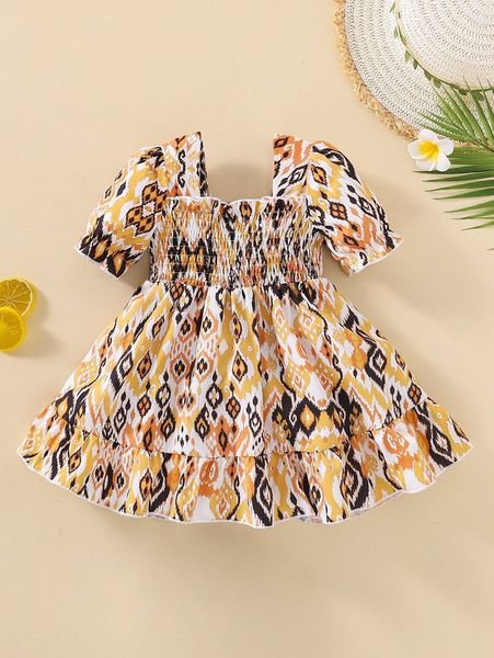 

baby geo print shirred ruffle hem dress she, Red;yellow