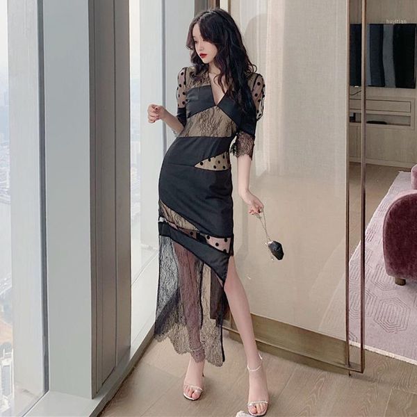 

summer polka dot v-neck low-cut lace bodycon dress perspective club evening party long dresses woman black asymmetry new1, Black;gray