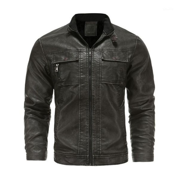 

new retro motorcycle leather jacket men fleece pu outerwear casual biker leather jacket men jaqueta de couro masculina1, Black