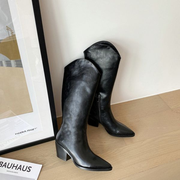 

2021 new pointed toe mid calf square high heel slip on women shoes autumn winter pu fashion long boots big size 34-43 otyi, Black