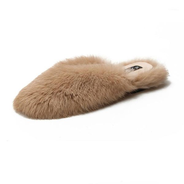 

slippers flat-bottomed fur baotou lazy half hairy women 2021 outer wear mules shoes1, Black