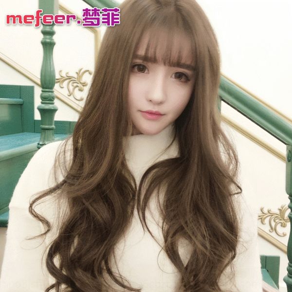 

v6j7n net red female long curly h big wave thin air bangs hairstyle wig full headgear wigs wig cover hair cover, Black
