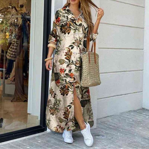 

fashion women long sleeve flowers leopard camo print split hem maxi shirt dress, Black;gray