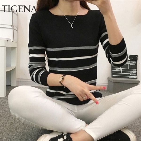 

tigena striped pullover sweater for women autumn winter korean long sleeve knitted jumper female slim knitwear clothes 201221, White;black