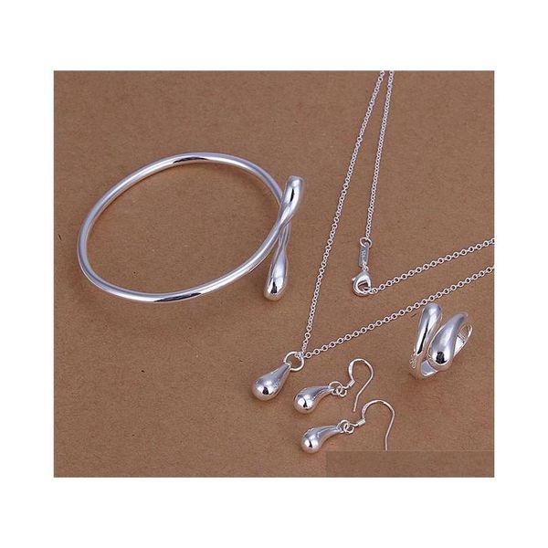 

s221 925 sterling silver plated water drop necklace & bangles & rings & earrings set fashion jewelry party gift cbs8f, Black