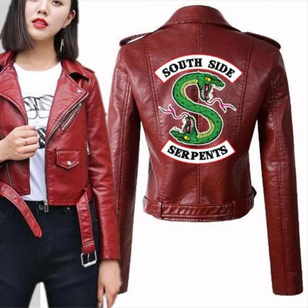 

2019 runway riverdale women pu leather jacket fashion america kpop motorcycle jacket southside serpents artificial leather coat, Black