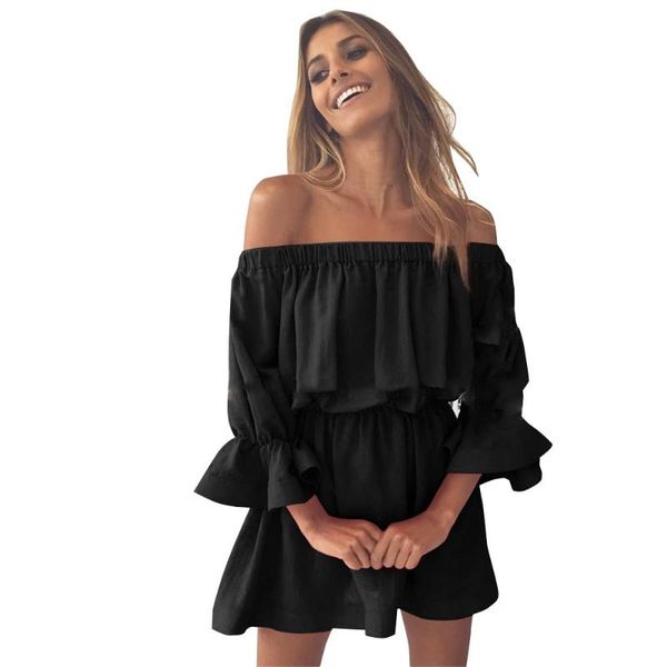 

casual dresses women flare sleeve off shoulder holiday dress ladies loose three quarter summer solid vestidos elegant 2021 7.7, Black;gray