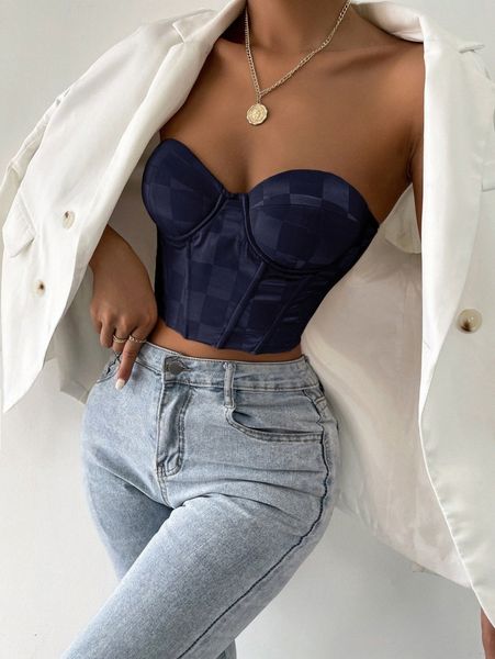 

checker print grommet lace up back crop tube w21x#, White