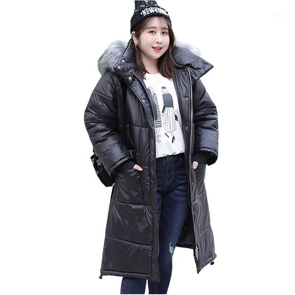 

real sglossy winter parka women oversize black down cotton coat fur collar thick windproof warm cotton jacket female g8361