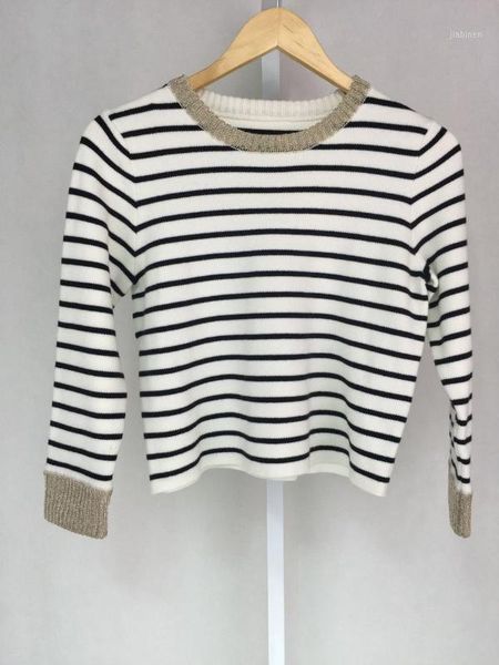 

17 summer joker classic stripes knitting shirt gold thread neckline sweater 75161, White;black