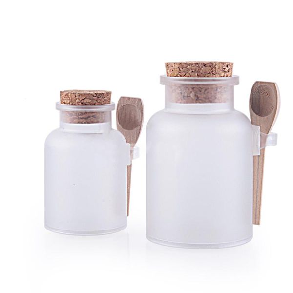

10pcs empty plastic bottle bath salt container cork sers matte clear cosmetic makeup mask jar with wooden spoon 100g 200g