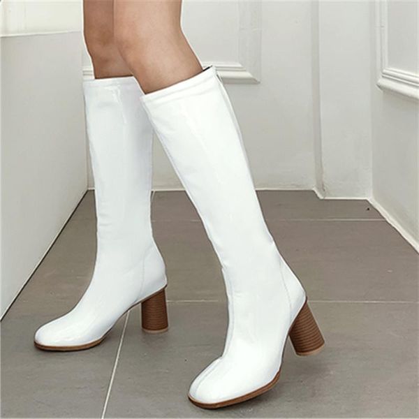 

fashion knee high boots women patent leather square high heels winter boots back zipper autumn ladies shoes black white wine red
