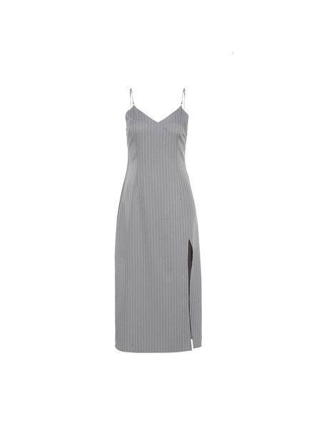 

2021 stylish thin striped gray slit dressed in mid-sized spaghetti girdle v-neck calf waistcoat waistband dress light elasticity pkf0, Black;gray