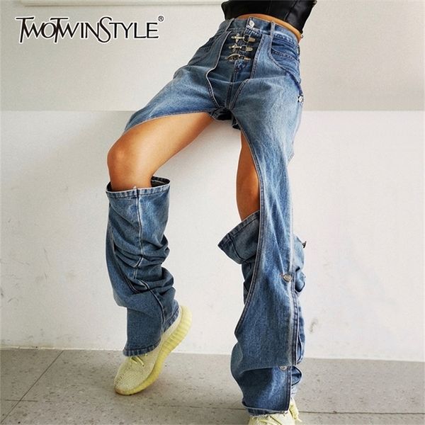 

twotwinstyle elegant hollow out women jeans high waist denim casual wide leg pants for female fashion clothes summer tide 201223, Blue
