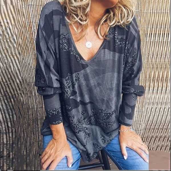 

women t shirt v neck camouflage print long sleeve spring casual loose ladies tee shirt femme womens clothing plus size 5xl, White