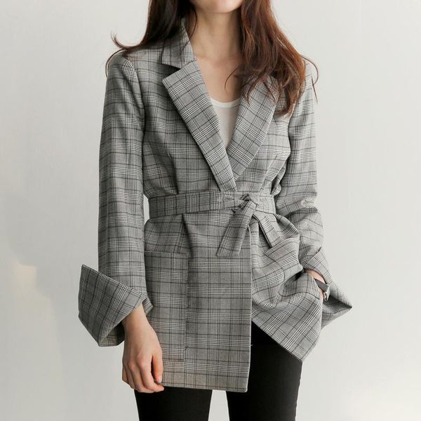 

spring autumn women gray plaid office lady blazer fashion bow sashes split sleeve jackets elegant work blazers, White;black