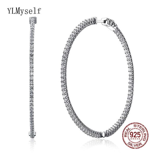 

recommend 56mm large real sterling silver hoop earring micro pave tiny zirconia jewelry big 925 circle jewellery, Golden;silver