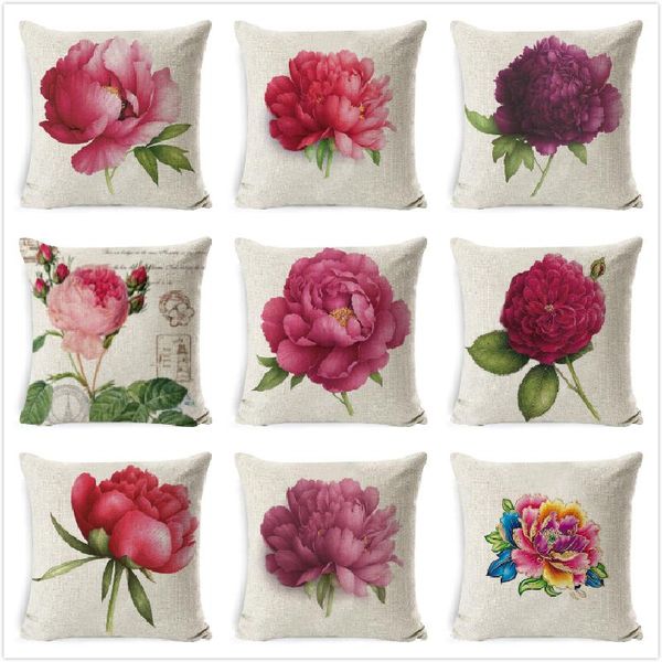 

rose printed cushion cover linen cushion case throw pillow case for living room bed room flower peony small fresh pillowcase