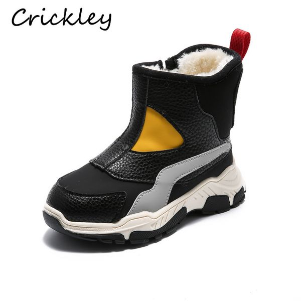 

winter kids snow pu leather plush fashion for boys non slip soft keep warm children sneakers boots, Black;grey