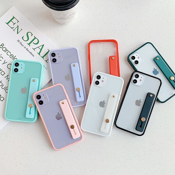

shockproof bumper transparent phone case for iphone 11 pro max x xr xs 7 8 plus 12 mini se 2020 soft tpu wrist strap stand cover
