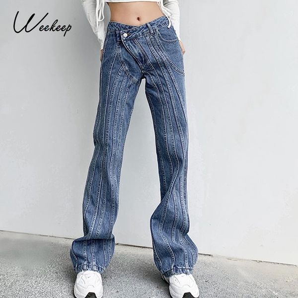

women's jeans weekeep ribbed vintage pleated women fashion patchwork irregular low waisted slim straight long trousers spring 2021, Blue