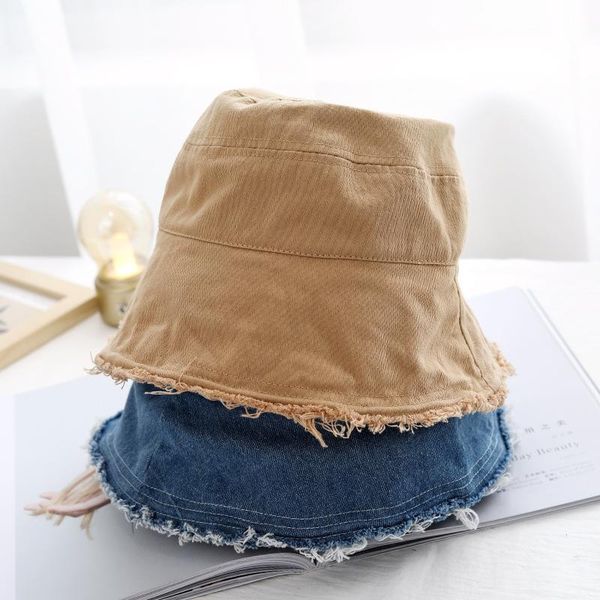 

wide brim hats japanese-style hipster washed denim frayed edge fisherman hat female summer thin small face sunshade bucket, Blue;gray