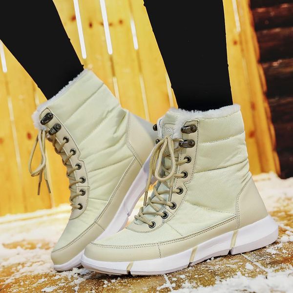 

fashion women boots fur slip on snow boots women waterproof lace up rubber winter round toe beige nice new, Black