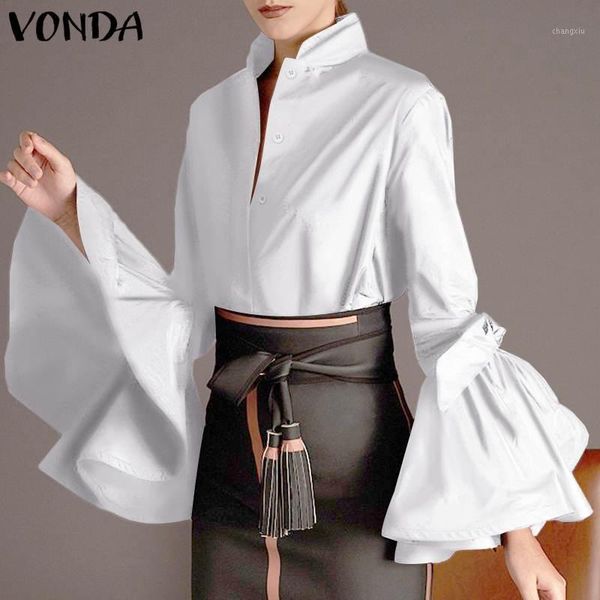 

long sleeve women'casual stand collar party shirts office blouse vonda 2020 flare sleeve blusas femininas plus size1, White