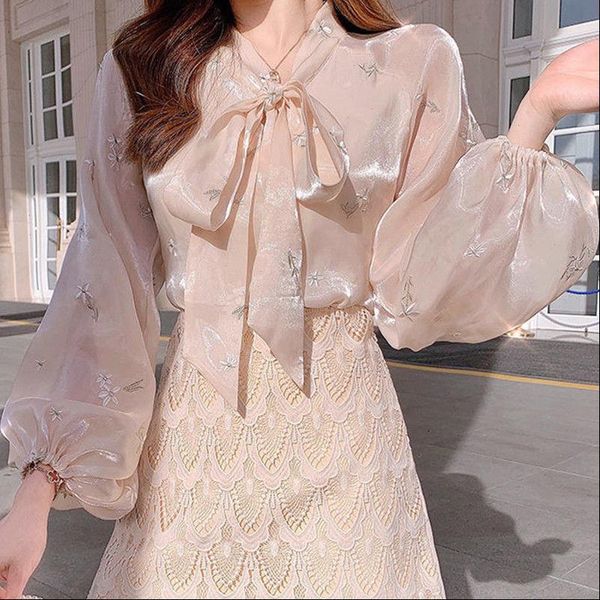 

2021 new autumn women bow long sleeve chiffon shirt female slim waist design fashion korean styles elegant short blouses w119, White