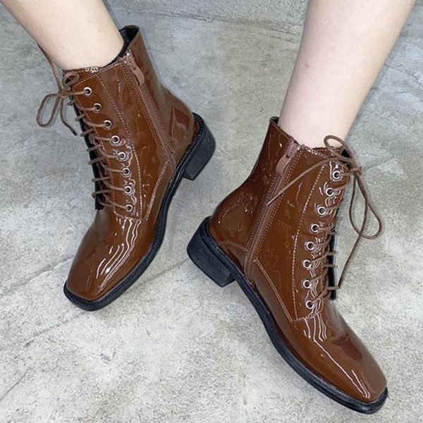 

women ankle boots lace-up square toe ladies shoes winter designer british style martin boots female bling thick low woman shoes, Black