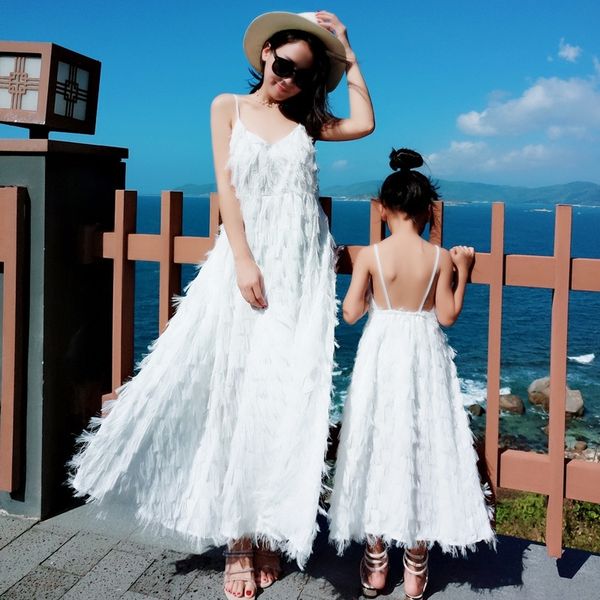 

ppxx white fringe lace girl dress women dress long wedding party mother daughter dresses family matching clothes family y200713, Blue