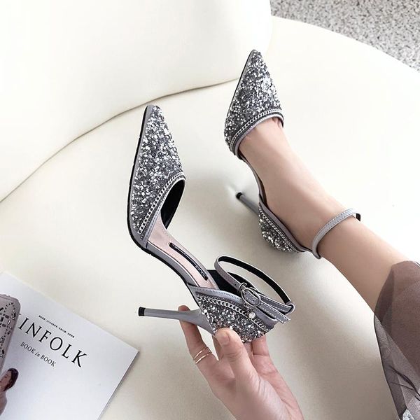 

2021 spring pointed toe hollow stiletto high-heeled single shoes female wild party dress large size small size sandals, Black
