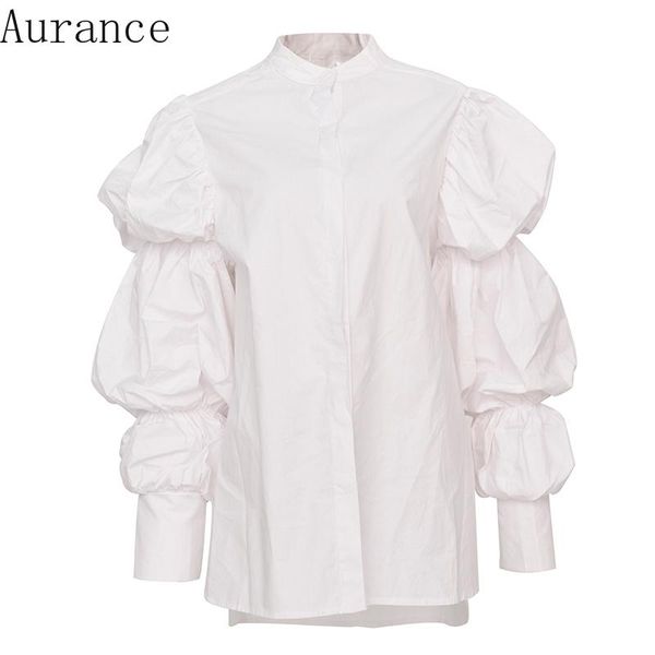 

women's blouses & shirts [aurance] women white big size blouse stand collar long puff sleeve loose fit shirt fashion tide spring autumn