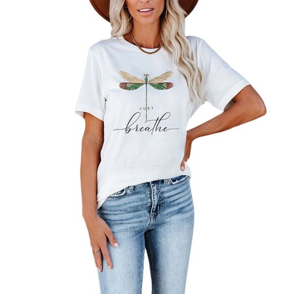 

2021 European and American women's top fashion letter dragonfly pattern printed round-sleeved T-shirt, White