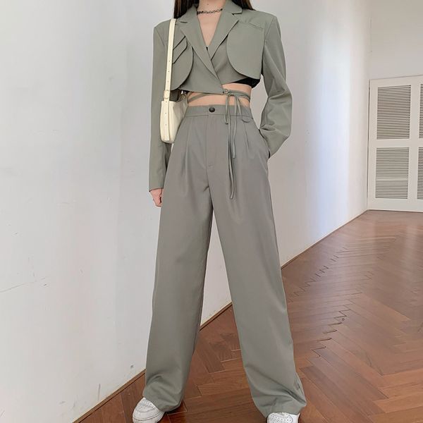 

autumn korean streetwear two piece set women crop office lady lace-up short coat + high waist long pants set suits 201119, White