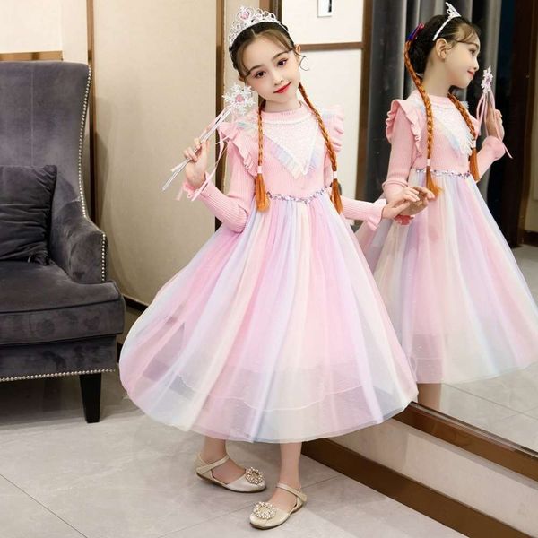 

new princs pink print ice snow 2 aisha long sve autumn and winter girl's drs, Red;yellow